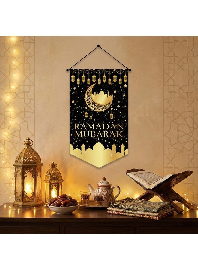Ramadan Mubarak Hanging Flag Banner, Islamic Wall Decoration, 30x50cm Polyester Porch Sign, Ramadan Kareem Party Supplies, Muslim Fasting Month Home Door Wall Decor (Black & Gold) - Image 5